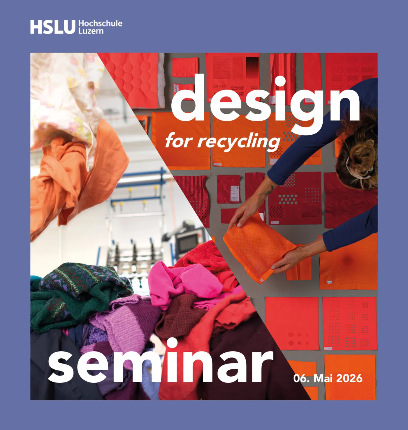 Design for Recycling Key Visual. Altkleidersammlung und eine Person, die Alttextilien sortiert.