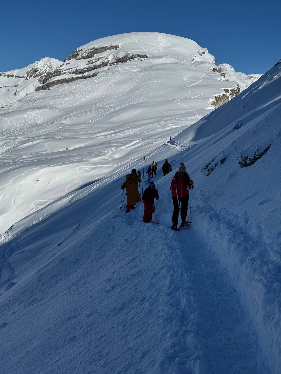 Eine Gruppe von Menschen mit Schneeschuhen in den Bergen