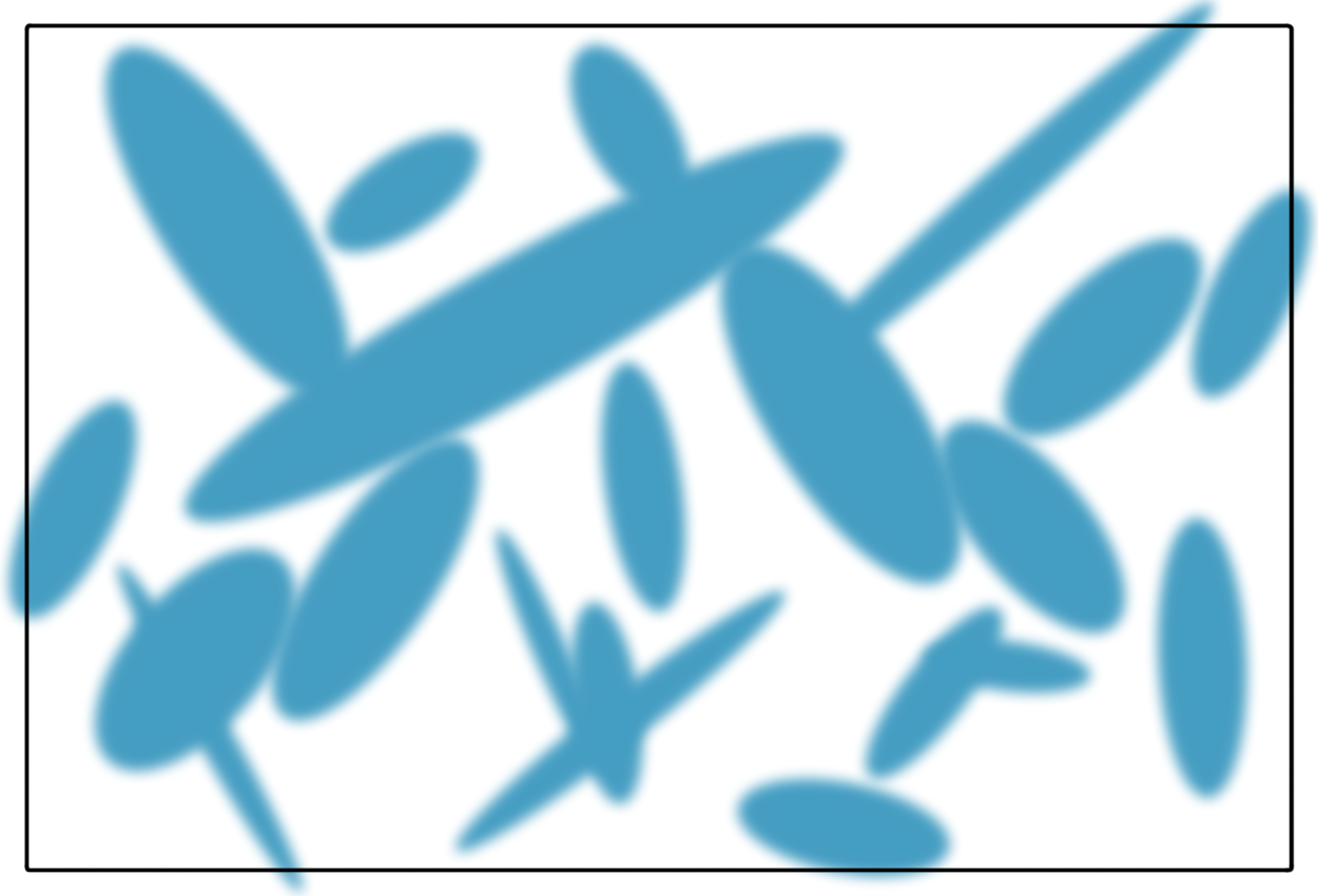 3: Ansammlung Gaussscher Splats im 3D-Raum, dreidimensionale Verteilungsdichtefunktionen, die im Raum positioniert gemeinsam ein 3D-Objekt beschreiben.