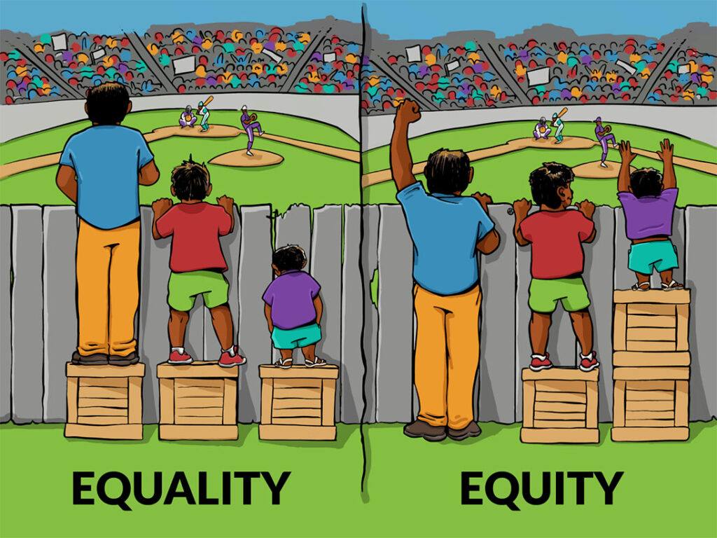 Cartoon-Gleichbehandlung-equality-und-Chancengerechtigkeit-equity