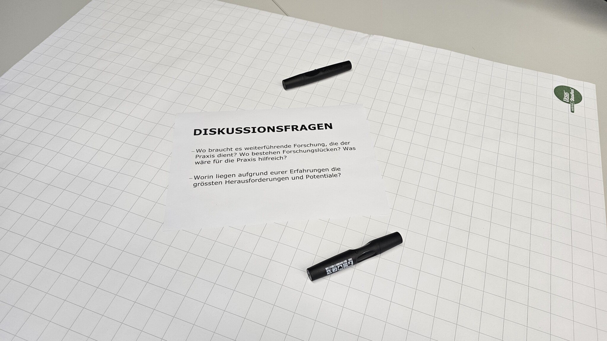 Leeres Blatt Papier mit Fragen und Stiften