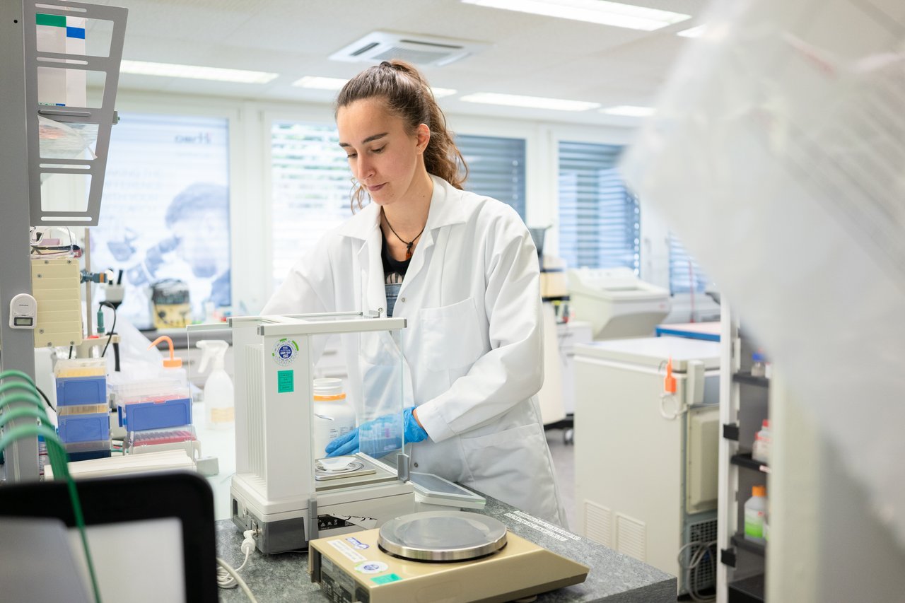 Anja Stirnimann wiegt Enzyme ab, um Zellen aus der Bandscheibe zu isolieren.