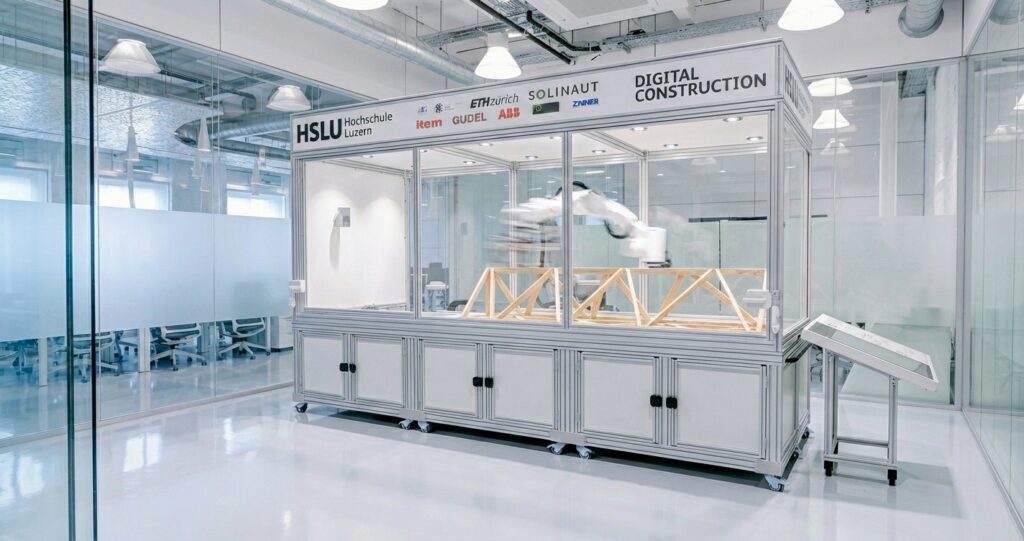 In einem hellen, modernen Labor steht ein großer Glasschrank mit der Aufschrift HSLU Digital Construction, in dem ein Roboterarm Holzgerüste konstruiert. Die Umgebung ist sauber, mit weißen Böden und sichtbaren Deckenrohren.